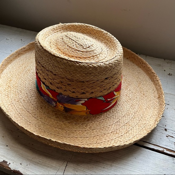 Raffia Straw Woven Tan Sun Hat with Tropical Band - Picture 4 of 13